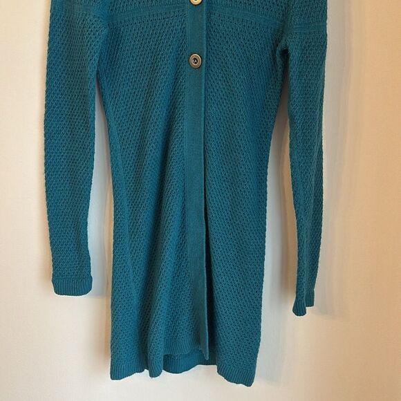 Title Nine Women’s long knit merino alpaca blend teal hooded sweater size small - Picture 3 of 9